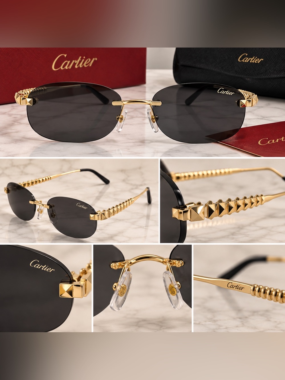 Cartier Gold Rimless Sunglasses with Black Lenses